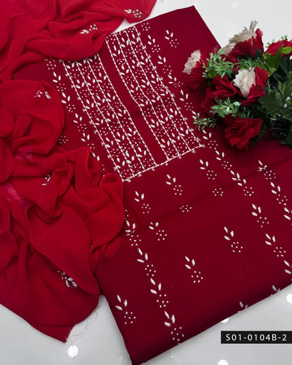3PC Handmade Pakka Tanka Tarkashi Lawn Dress with Embroidered Chiffon Dupatta