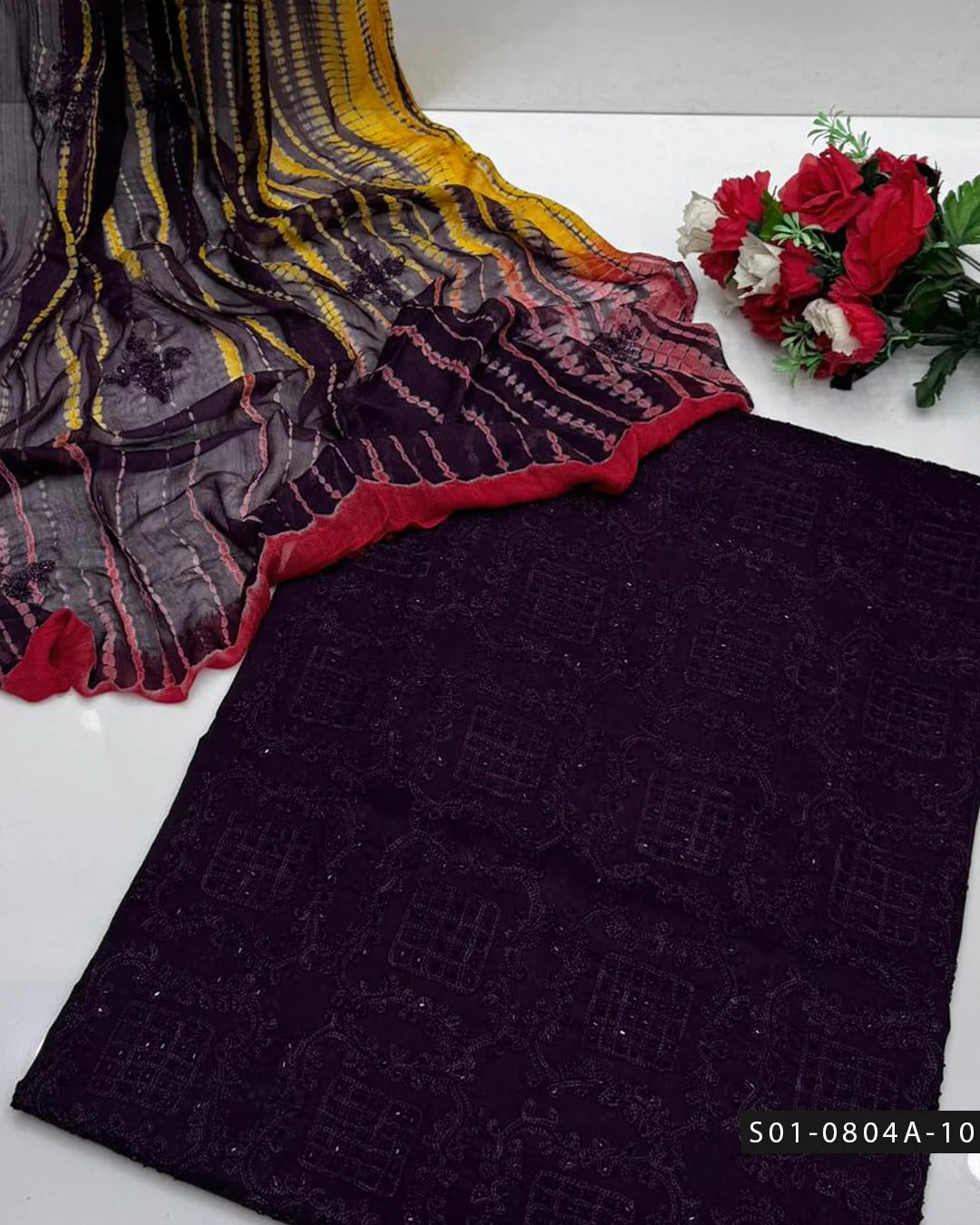 3PC Lawn Aari Embroidered Dress with Moti Dana & Chiffon Dupatta