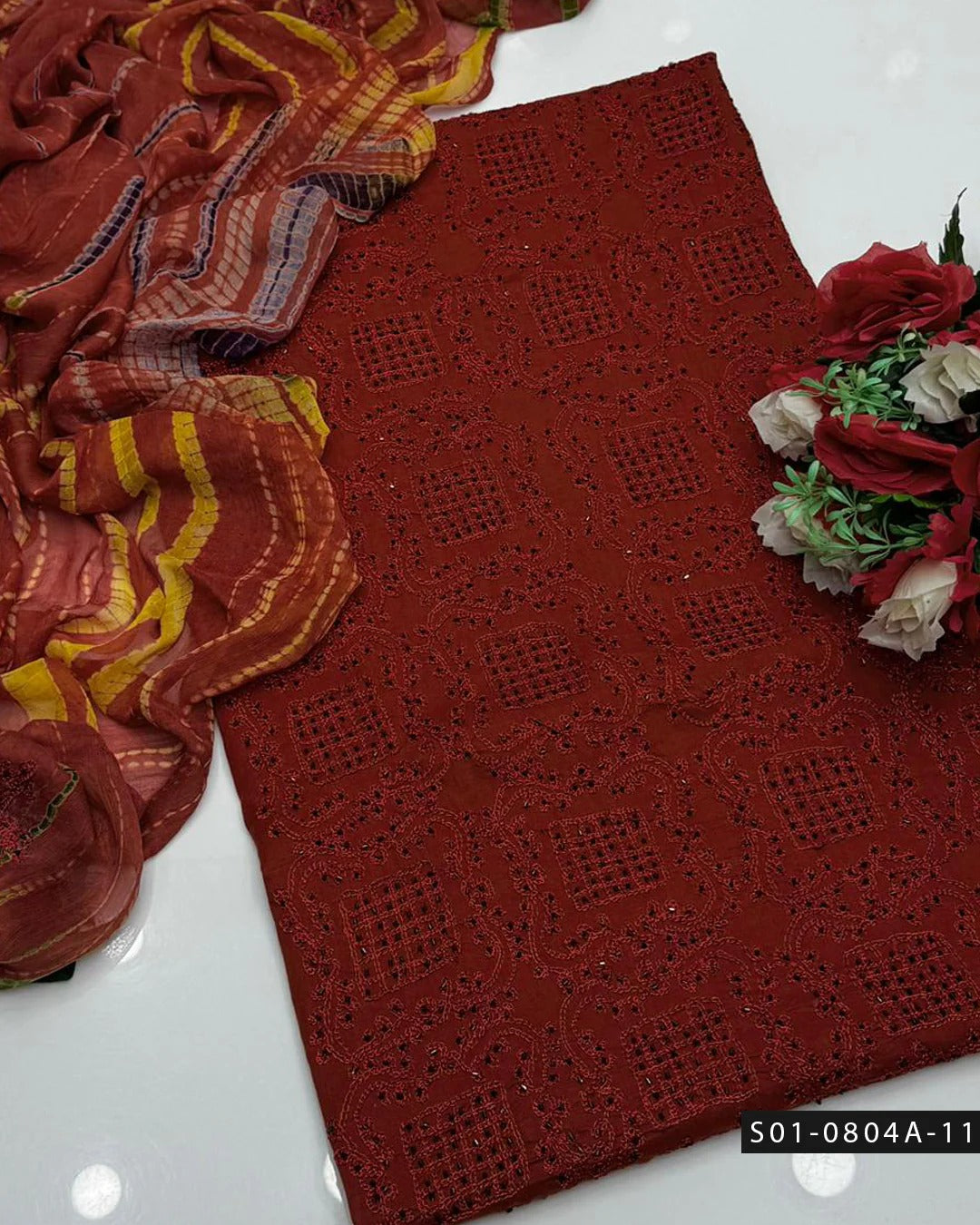 3PC Lawn Aari Embroidered Dress with Moti Dana & Chiffon Dupatta