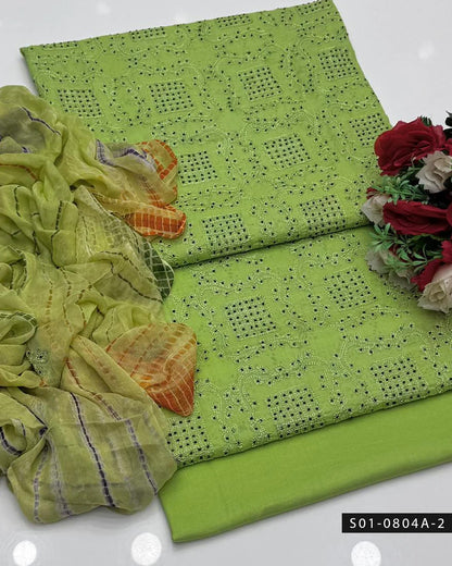 3PC Lawn Aari Embroidered Dress with Moti Dana & Chiffon Dupatta