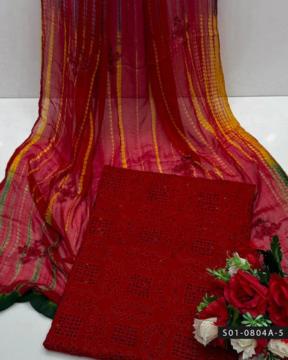 3PC Lawn Aari Embroidered Dress with Moti Dana & Chiffon Dupatta