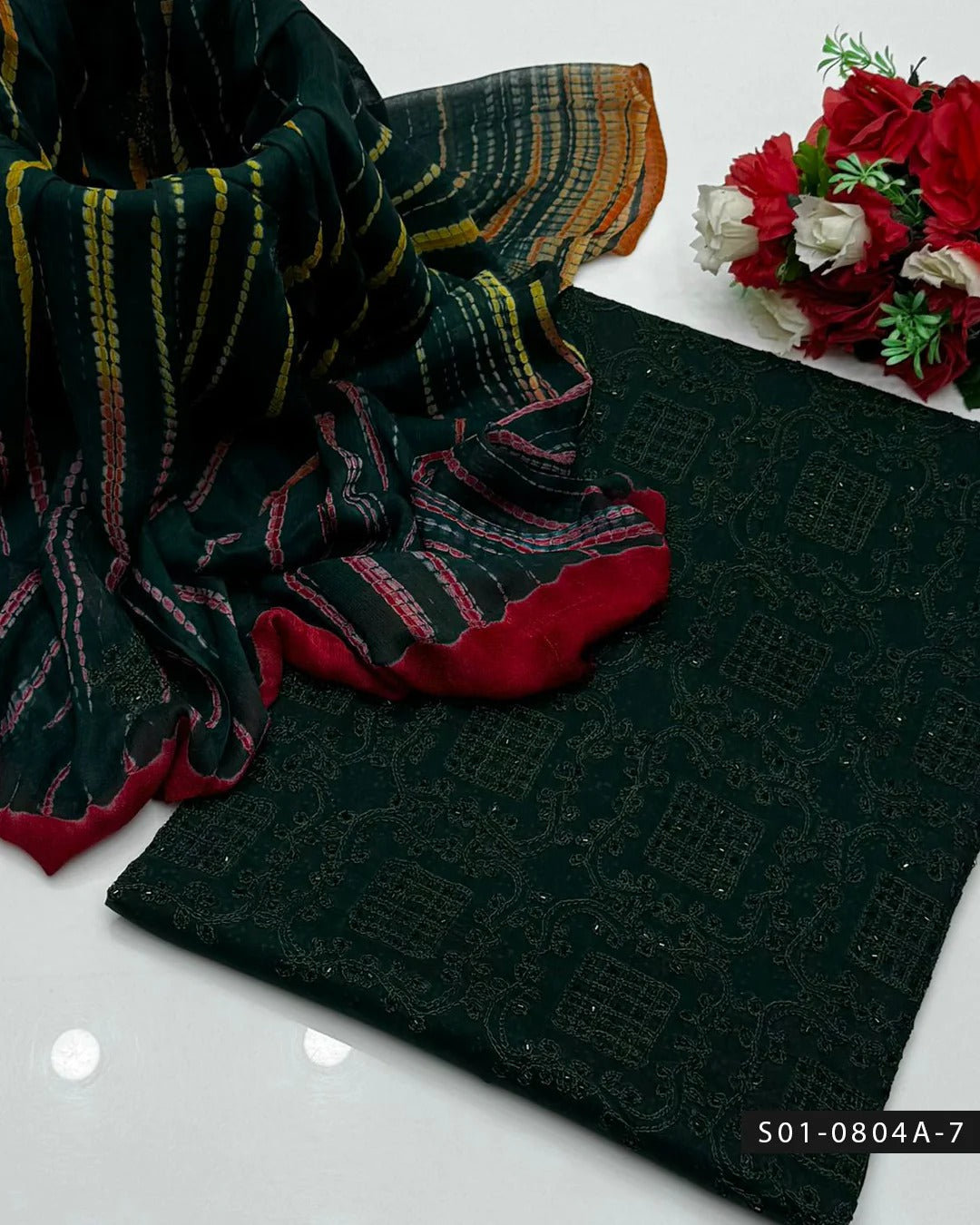 3PC Lawn Aari Embroidered Dress with Moti Dana & Chiffon Dupatta