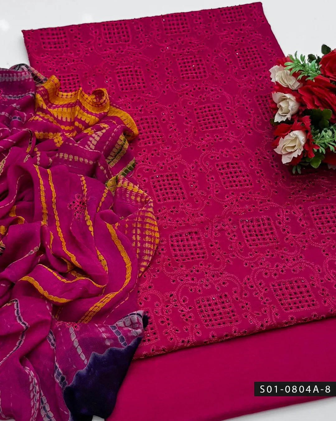 3PC Lawn Aari Embroidered Dress with Moti Dana & Chiffon Dupatta