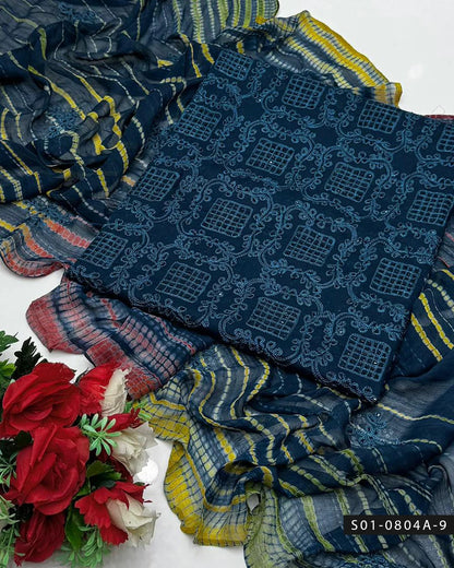 3PC Lawn Aari Embroidered Dress with Moti Dana & Chiffon Dupatta