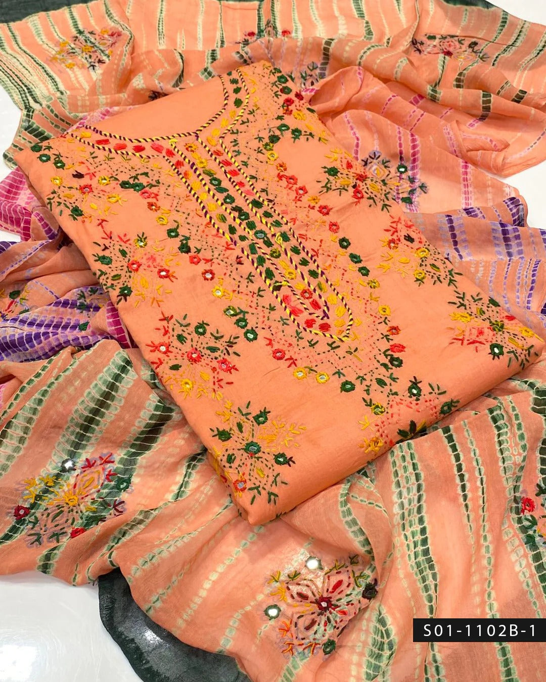 3PC Handmade Afghani Sheesha Work Lawn Suit – Tie & Dye Chiffon Dupatta