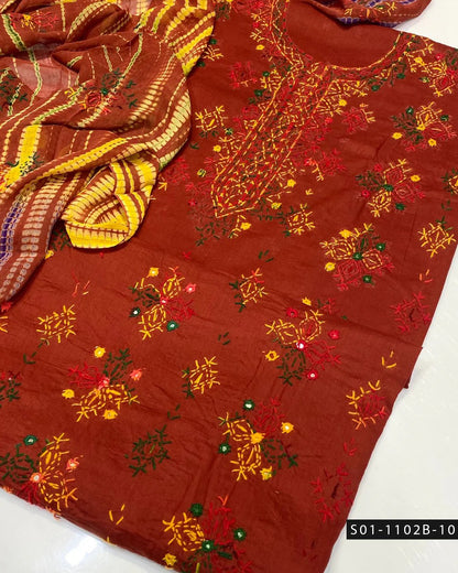 3PC Handmade Afghani Sheesha Work Lawn Suit – Tie & Dye Chiffon Dupatta