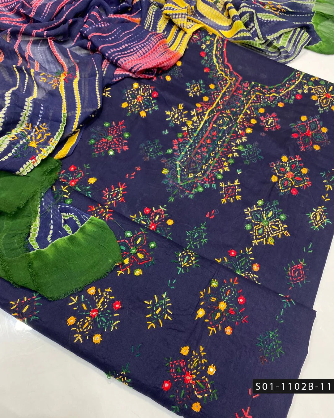 3PC Handmade Afghani Sheesha Work Lawn Suit – Tie & Dye Chiffon Dupatta