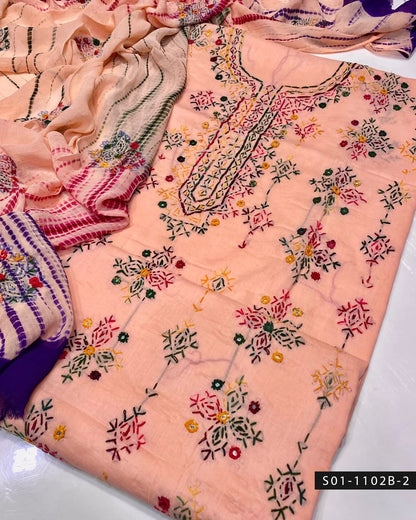 3PC Handmade Afghani Sheesha Work Lawn Suit – Tie & Dye Chiffon Dupatta