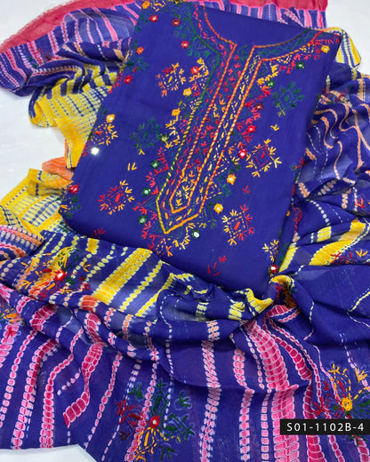 3PC Handmade Afghani Sheesha Work Lawn Suit – Tie & Dye Chiffon Dupatta