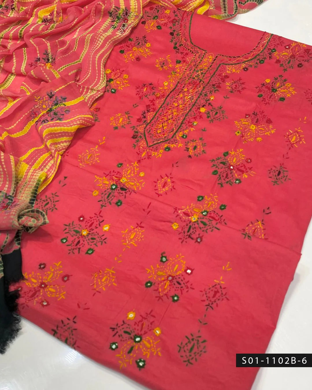3PC Handmade Afghani Sheesha Work Lawn Suit – Tie & Dye Chiffon Dupatta