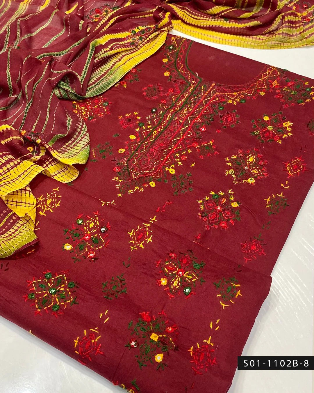 3PC Handmade Afghani Sheesha Work Lawn Suit – Tie & Dye Chiffon Dupatta