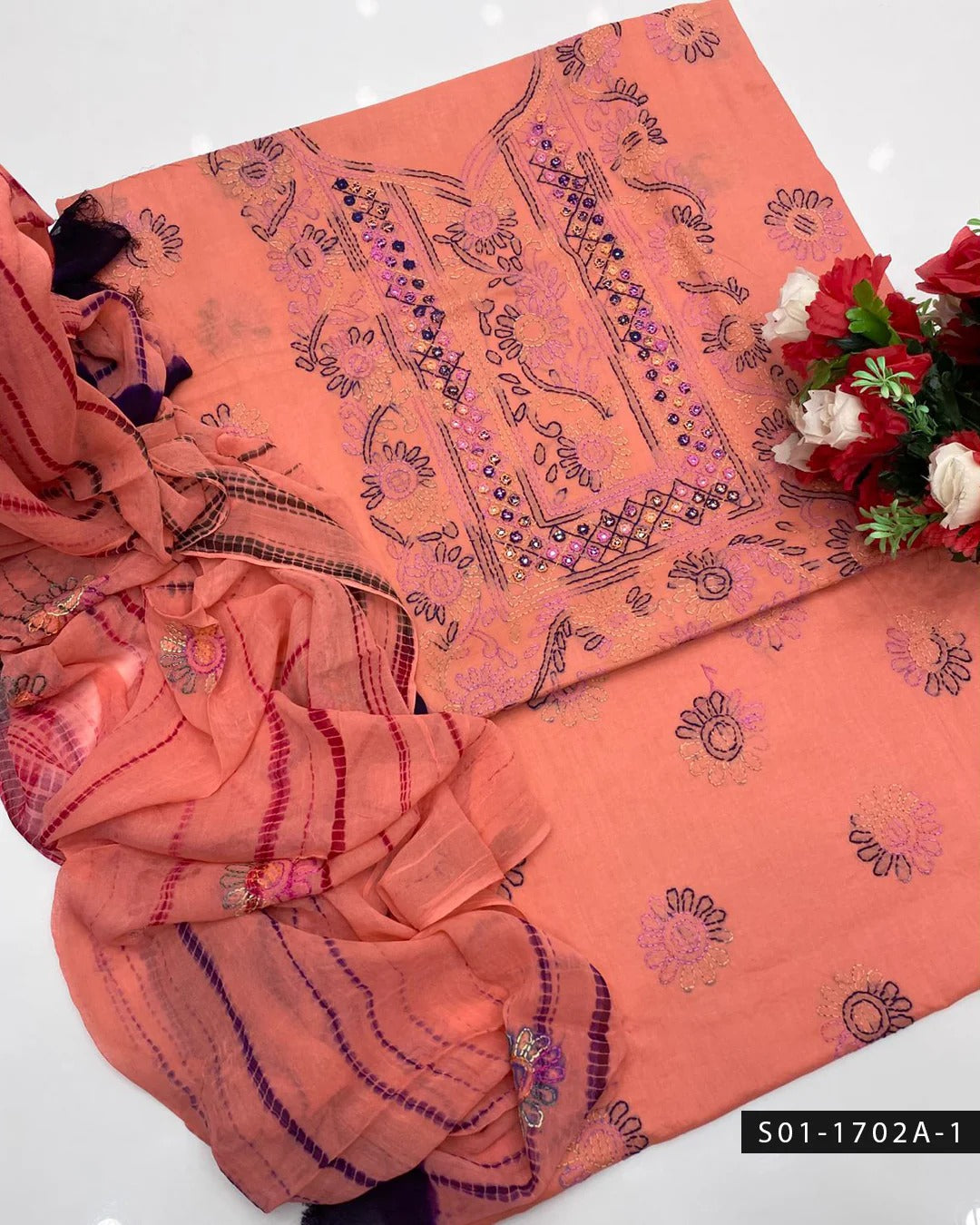 3PC Handmade Shadow Sheesha Work Lawn Suit – Chiffon Dupatta