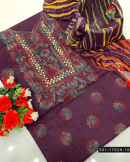 3PC Handmade Shadow Sheesha Work Lawn Suit – Chiffon Dupatta