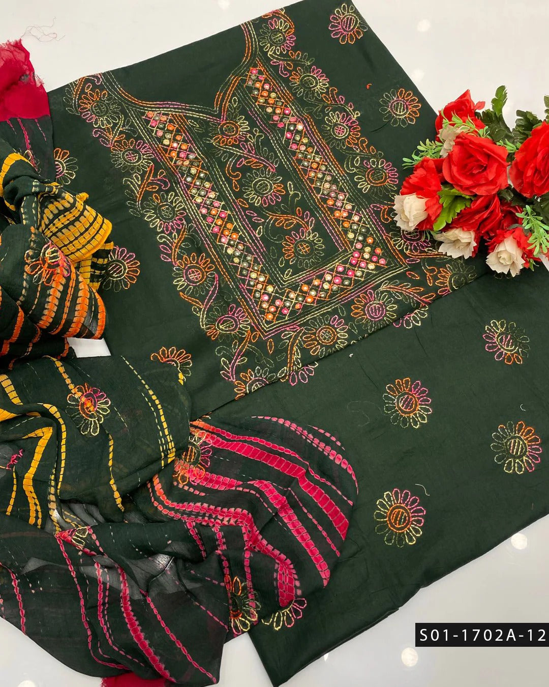 3PC Handmade Shadow Sheesha Work Lawn Suit – Chiffon Dupatta