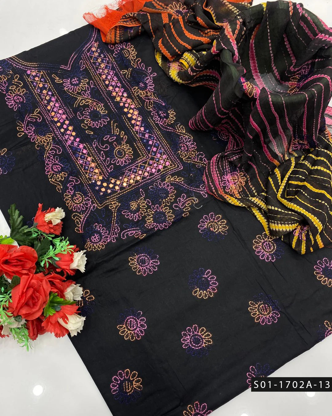 3PC Handmade Shadow Sheesha Work Lawn Suit – Chiffon Dupatta