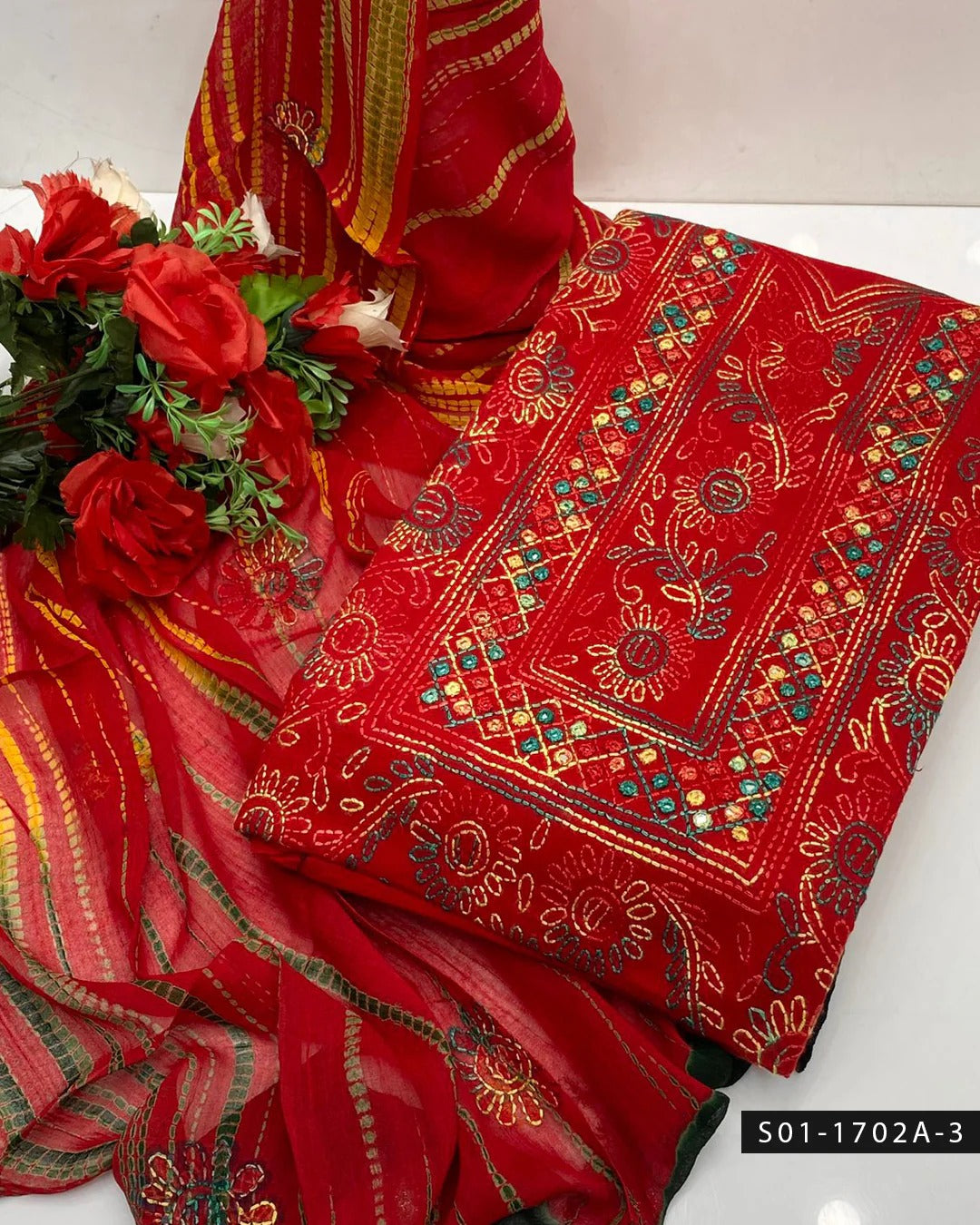 3PC Handmade Shadow Sheesha Work Lawn Suit – Chiffon Dupatta