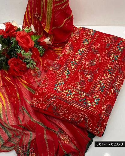 3PC Handmade Shadow Sheesha Work Lawn Suit – Chiffon Dupatta