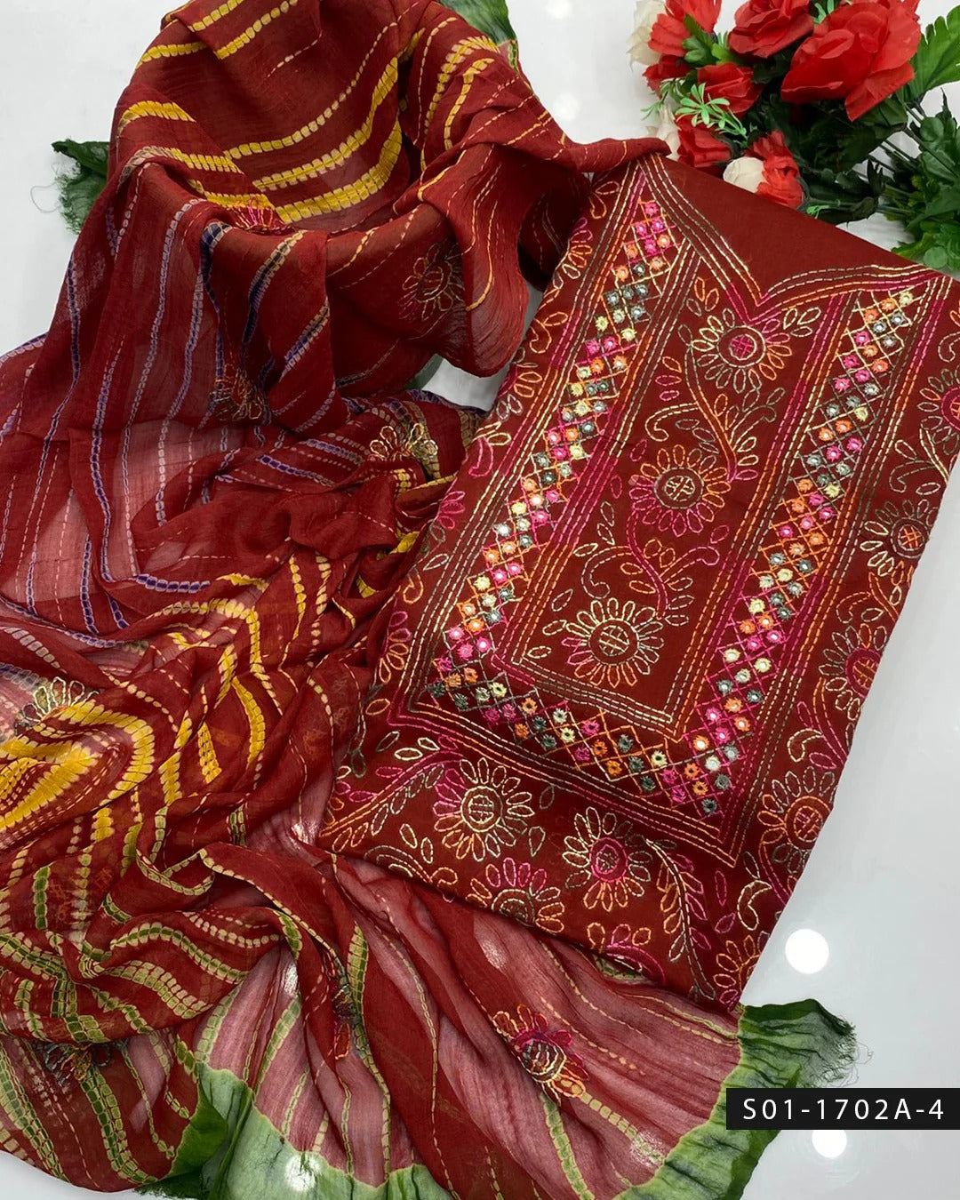 3PC Handmade Shadow Sheesha Work Lawn Suit – Chiffon Dupatta