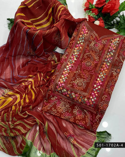 3PC Handmade Shadow Sheesha Work Lawn Suit – Chiffon Dupatta