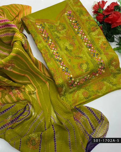 3PC Handmade Shadow Sheesha Work Lawn Suit – Chiffon Dupatta