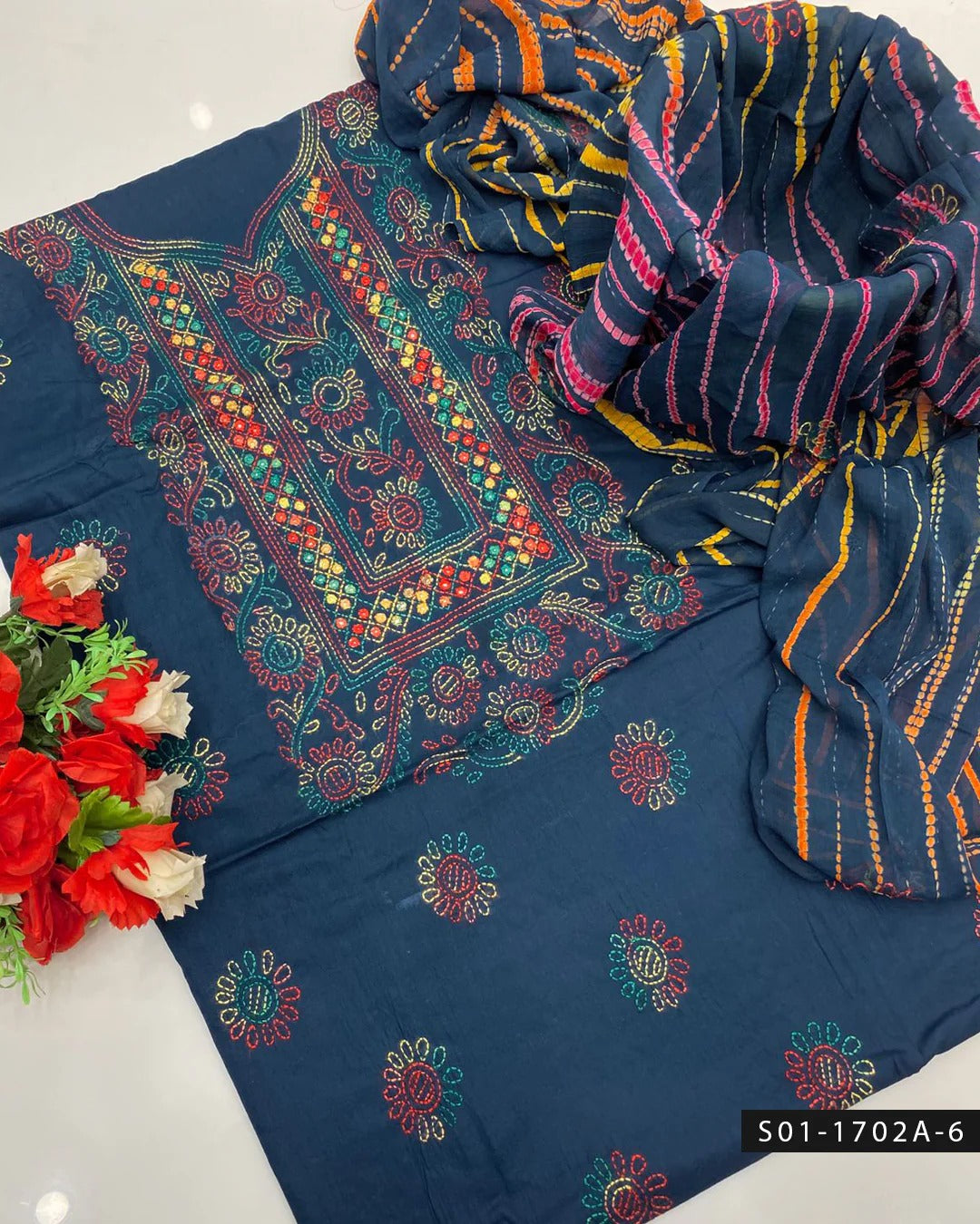 3PC Handmade Shadow Sheesha Work Lawn Suit – Chiffon Dupatta