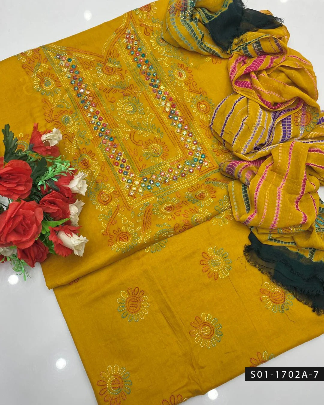 3PC Handmade Shadow Sheesha Work Lawn Suit – Chiffon Dupatta