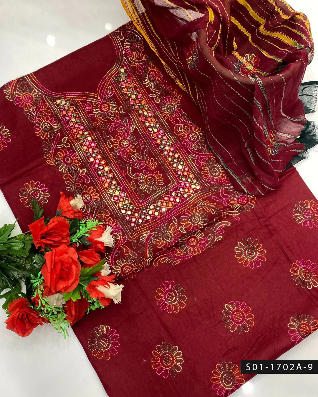 3PC Handmade Shadow Sheesha Work Lawn Suit – Chiffon Dupatta