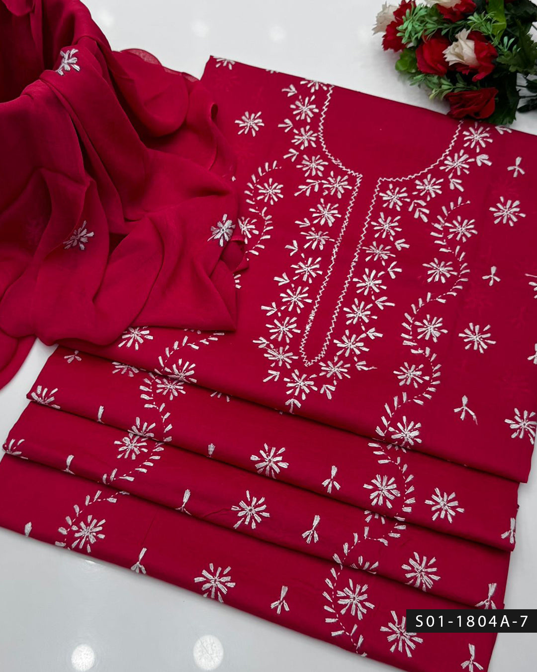 3PC Handmade Lucknowi Chikankari Lawn Dress with Chiffon Dupatta