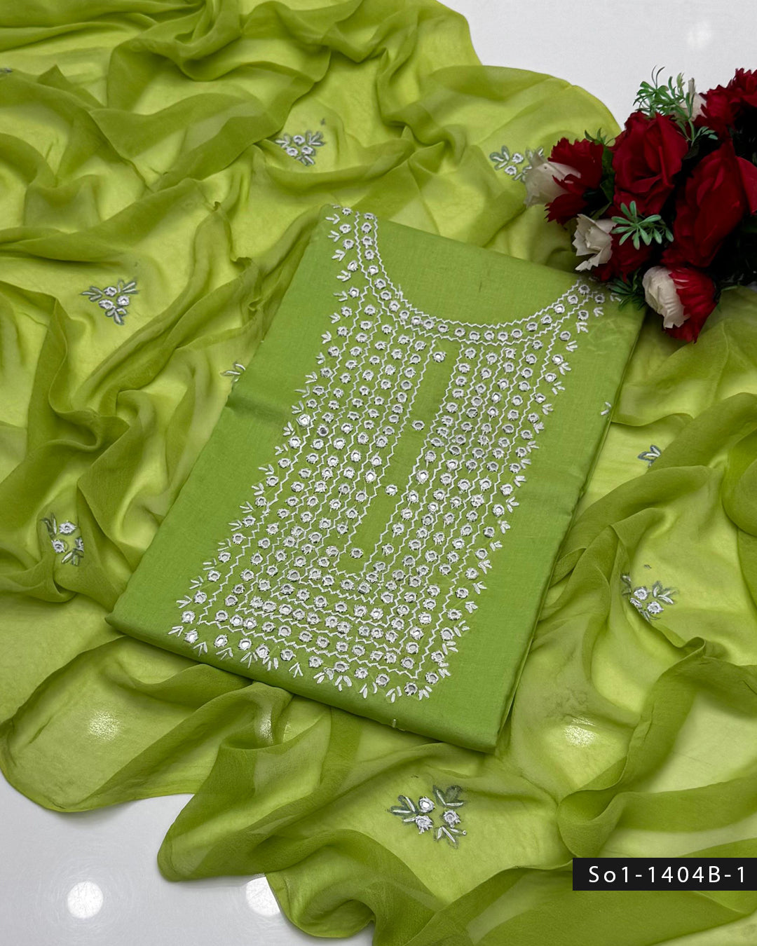 3PC Handmade Lawn Dress with Sheesha Work & Embroidered Chiffon Dupatta