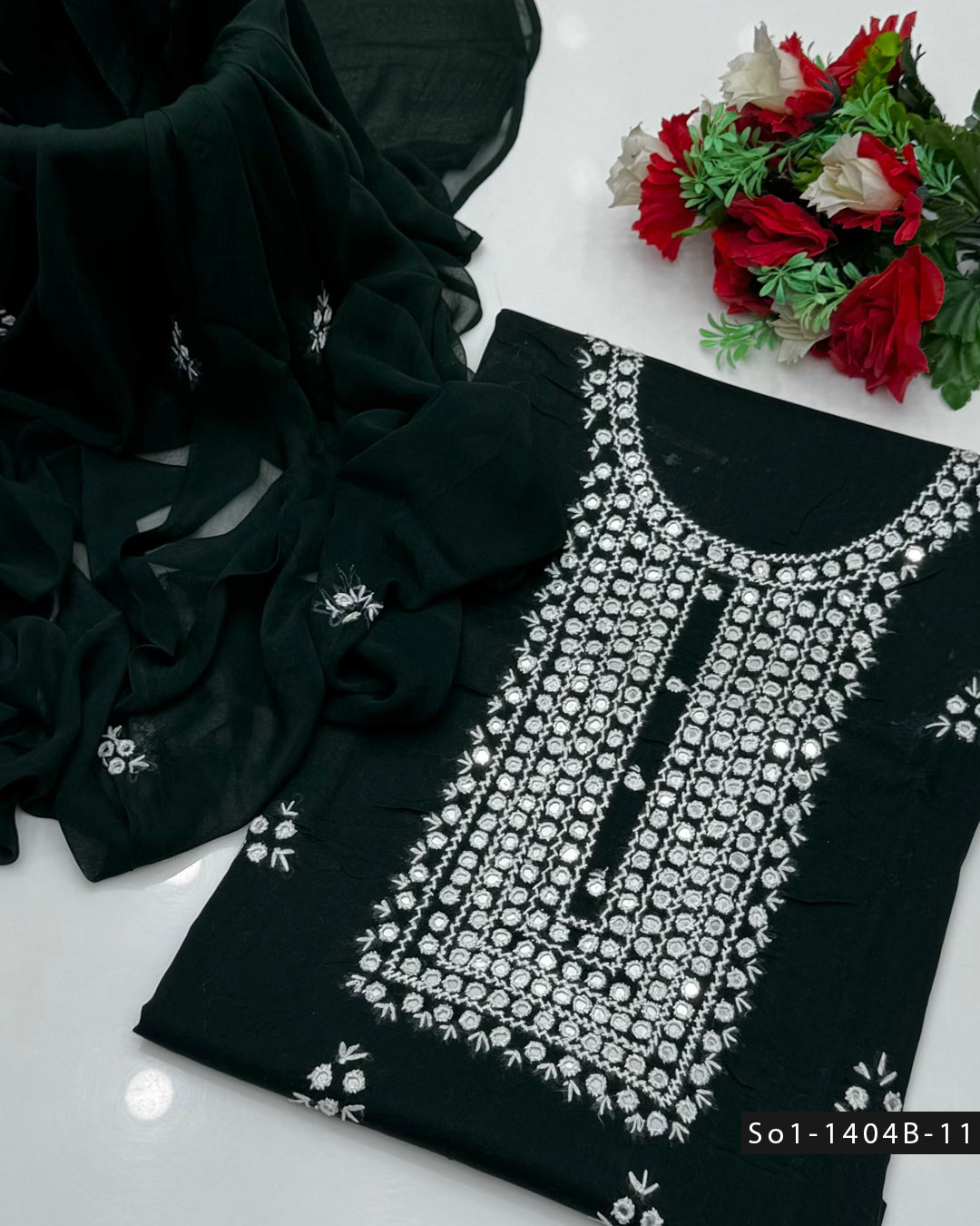 3PC Handmade Lawn Dress with Sheesha Work & Embroidered Chiffon Dupatta
