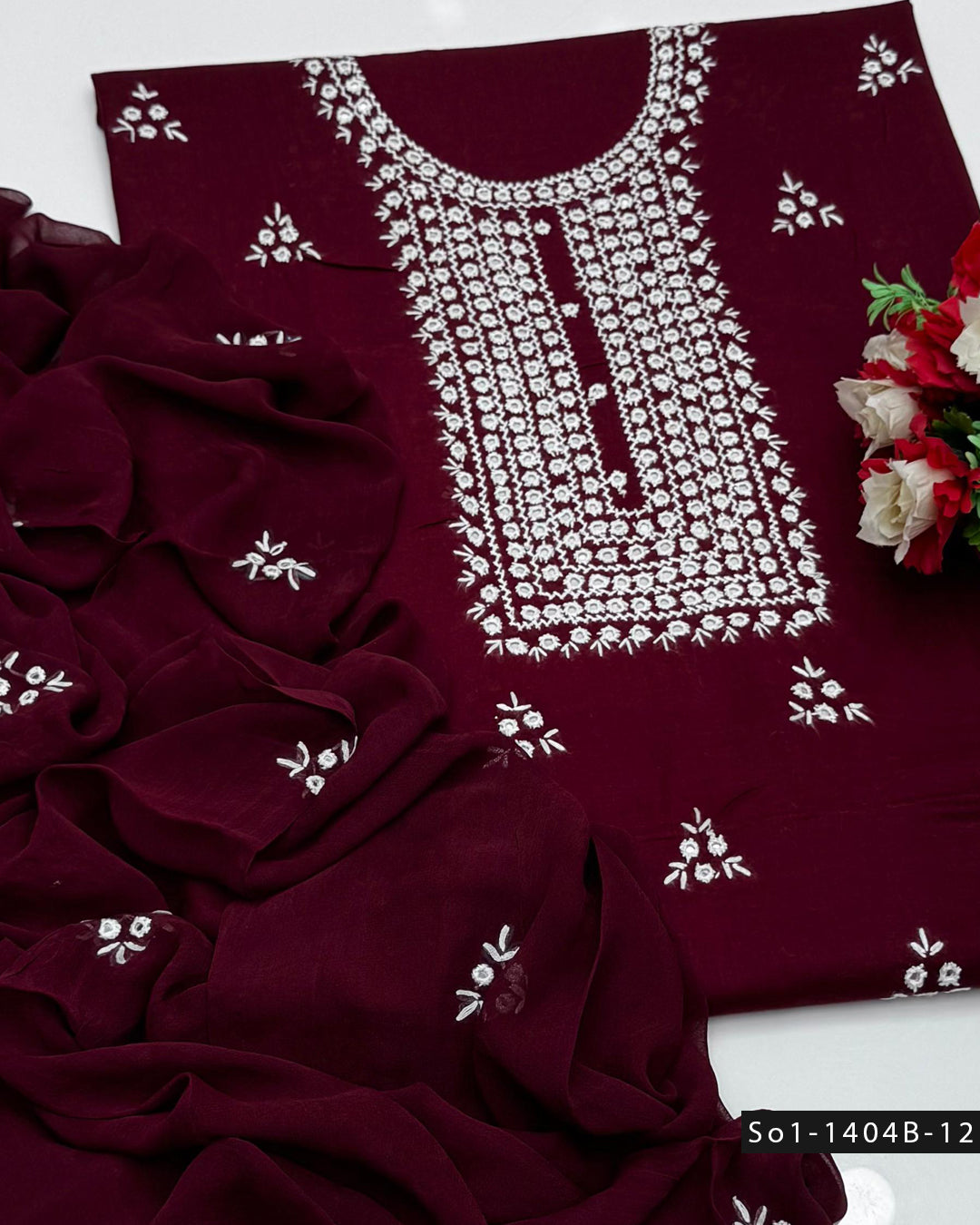 3PC Handmade Lawn Dress with Sheesha Work & Embroidered Chiffon Dupatta