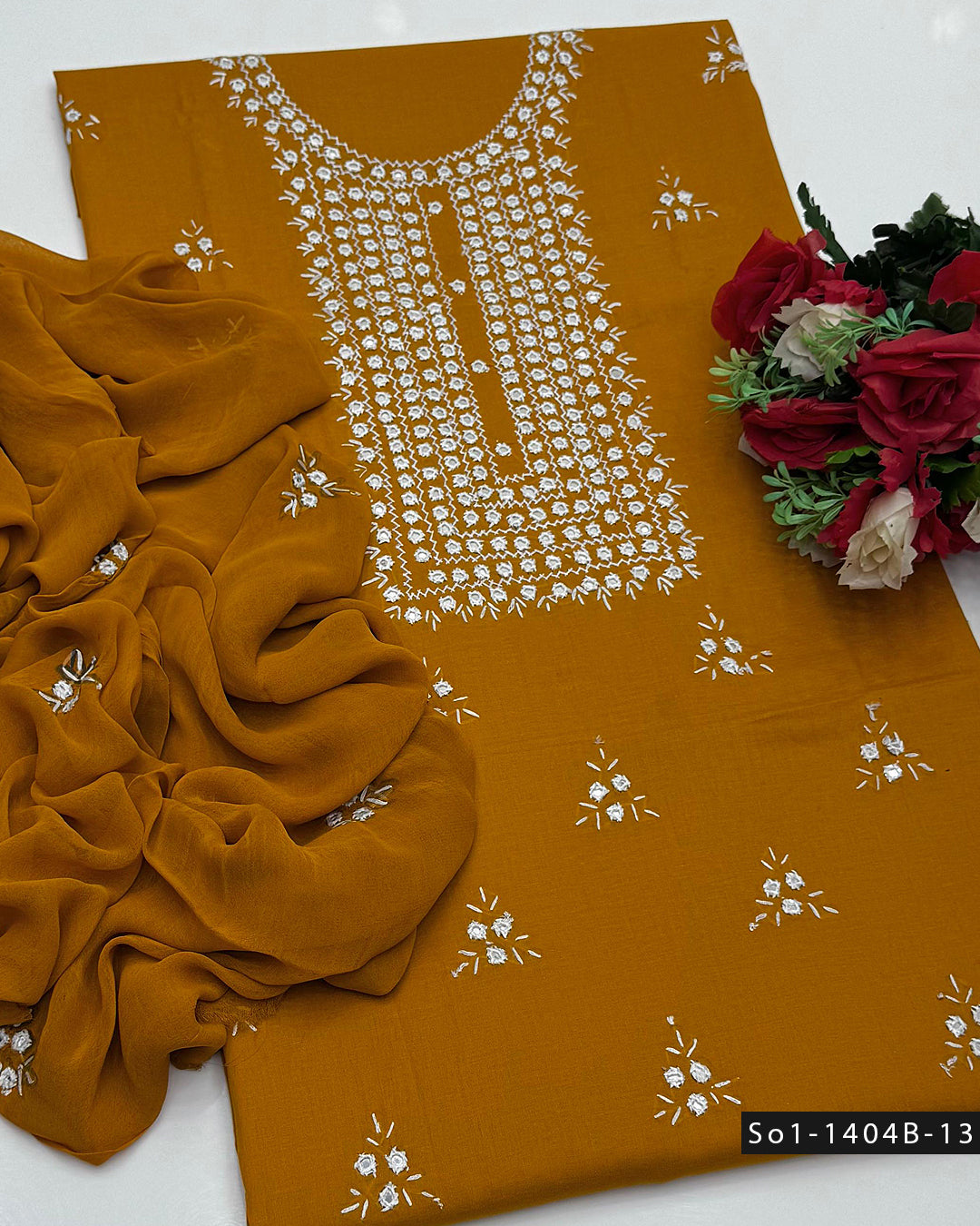 3PC Handmade Lawn Dress with Sheesha Work & Embroidered Chiffon Dupatta