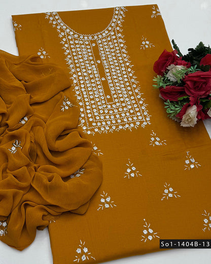 3PC Handmade Lawn Dress with Sheesha Work & Embroidered Chiffon Dupatta