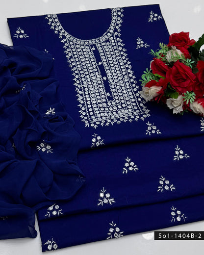 3PC Handmade Lawn Dress with Sheesha Work & Embroidered Chiffon Dupatta