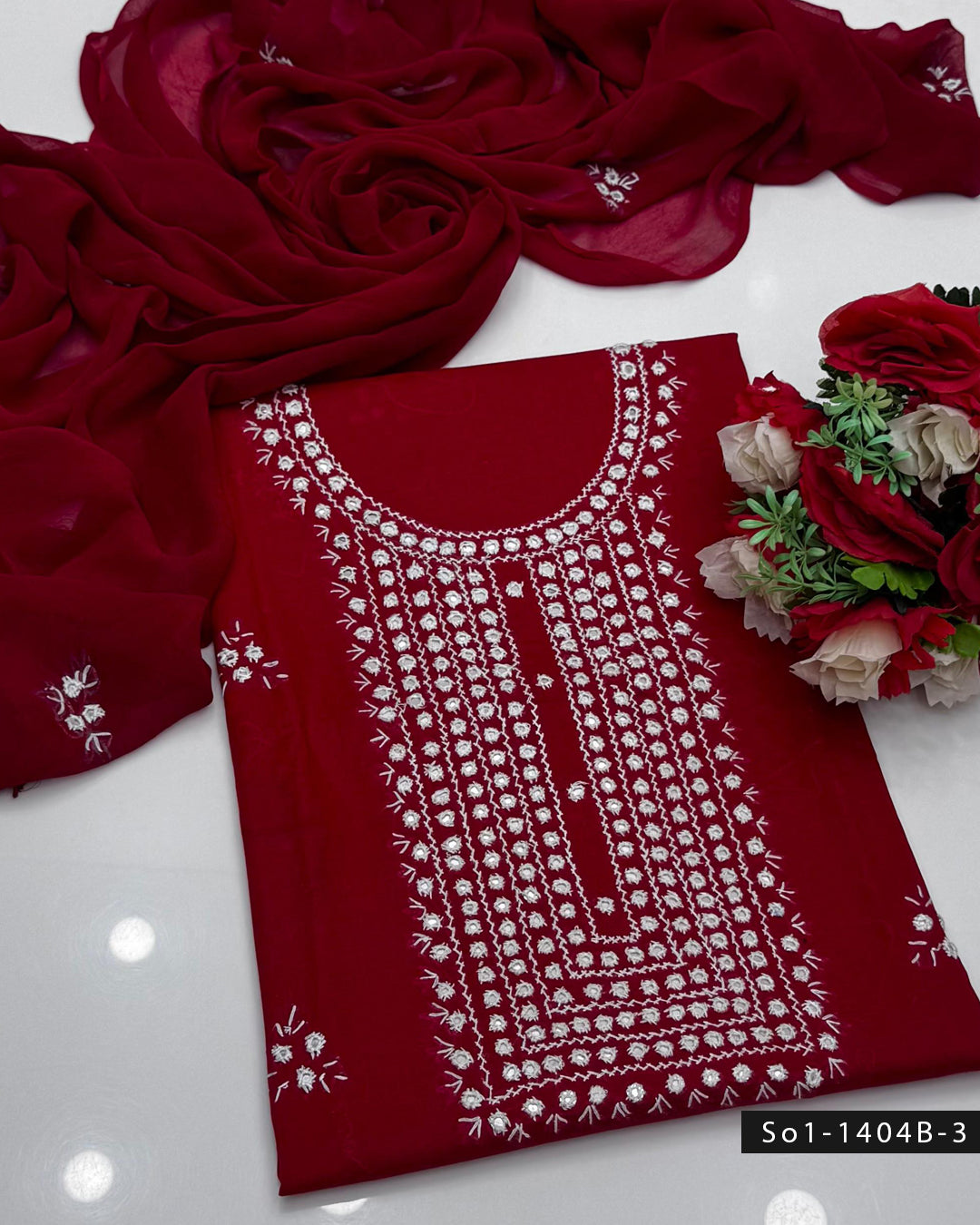 3PC Handmade Lawn Dress with Sheesha Work & Embroidered Chiffon Dupatta