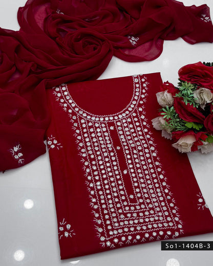 3PC Handmade Lawn Dress with Sheesha Work & Embroidered Chiffon Dupatta