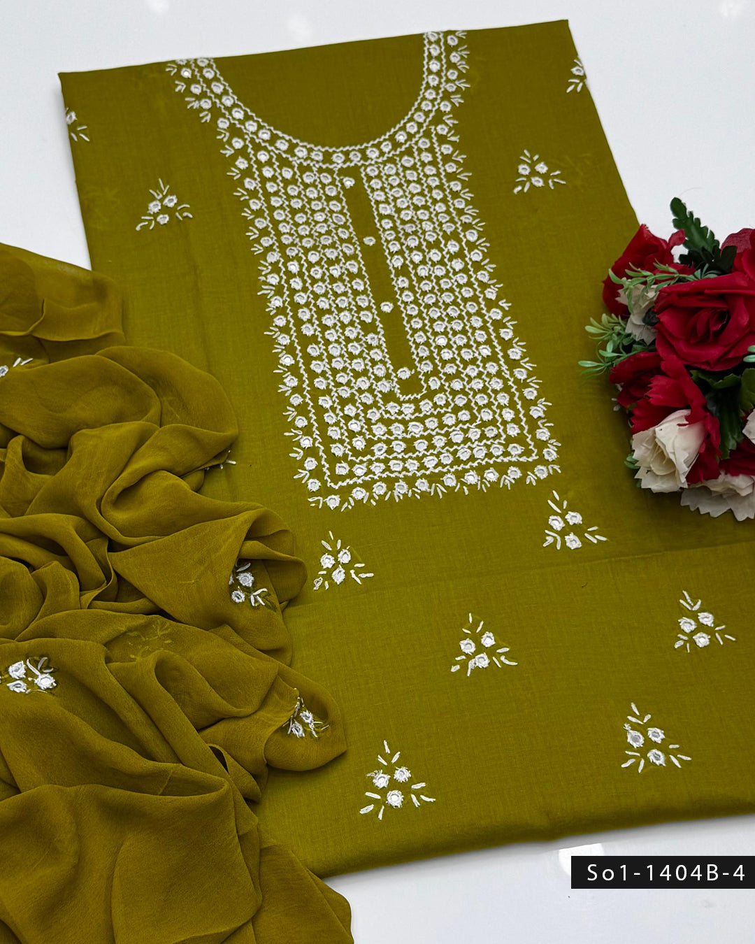 3PC Handmade Lawn Dress with Sheesha Work & Embroidered Chiffon Dupatta