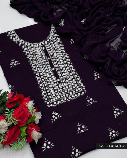 3PC Handmade Lawn Dress with Sheesha Work & Embroidered Chiffon Dupatta