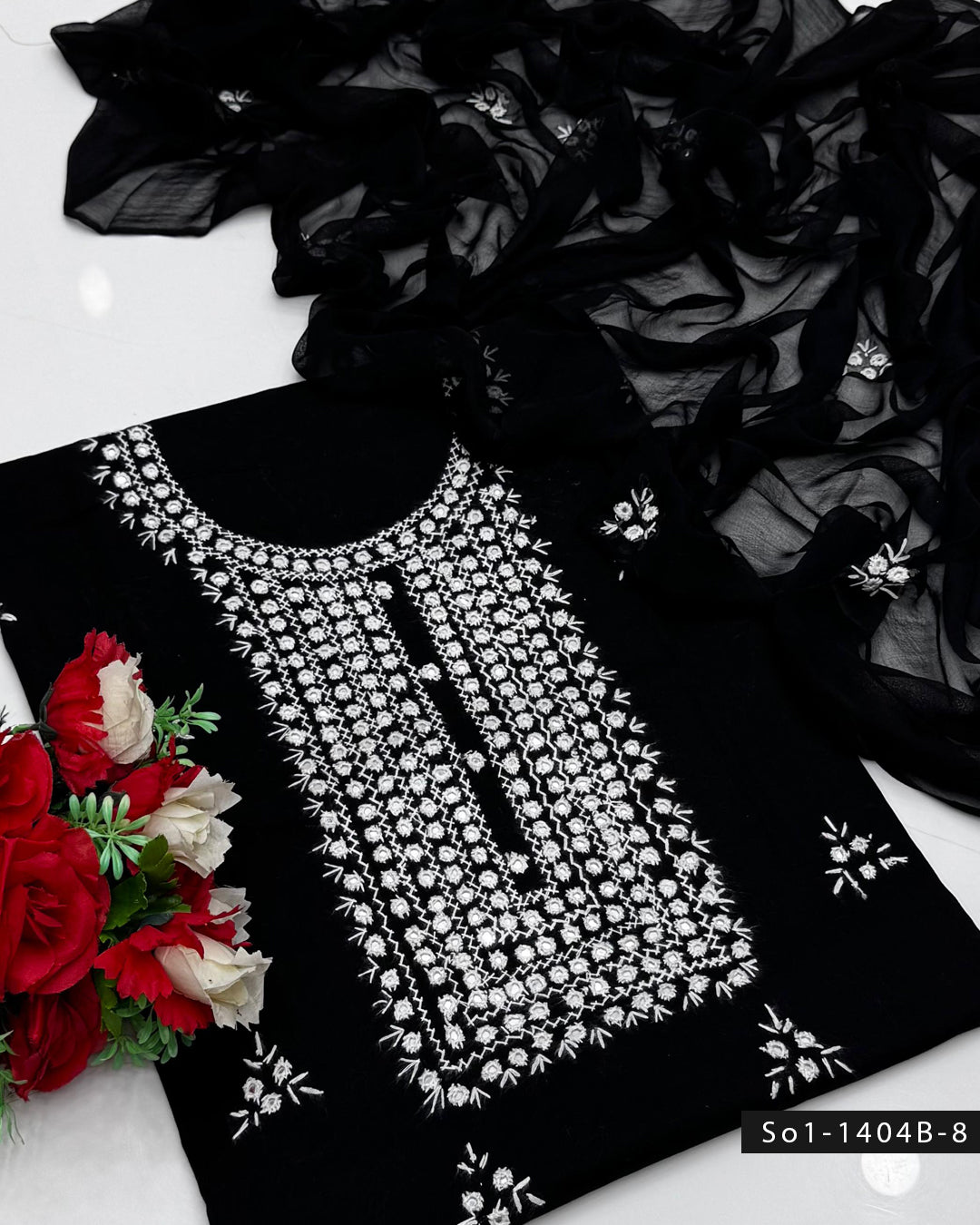 3PC Handmade Lawn Dress with Sheesha Work & Embroidered Chiffon Dupatta
